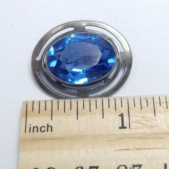 Vintage Art Nouveau Style Sterling Silver Blue Oval Rhinestone 1 Inch Brooch - Picture 5 of 7